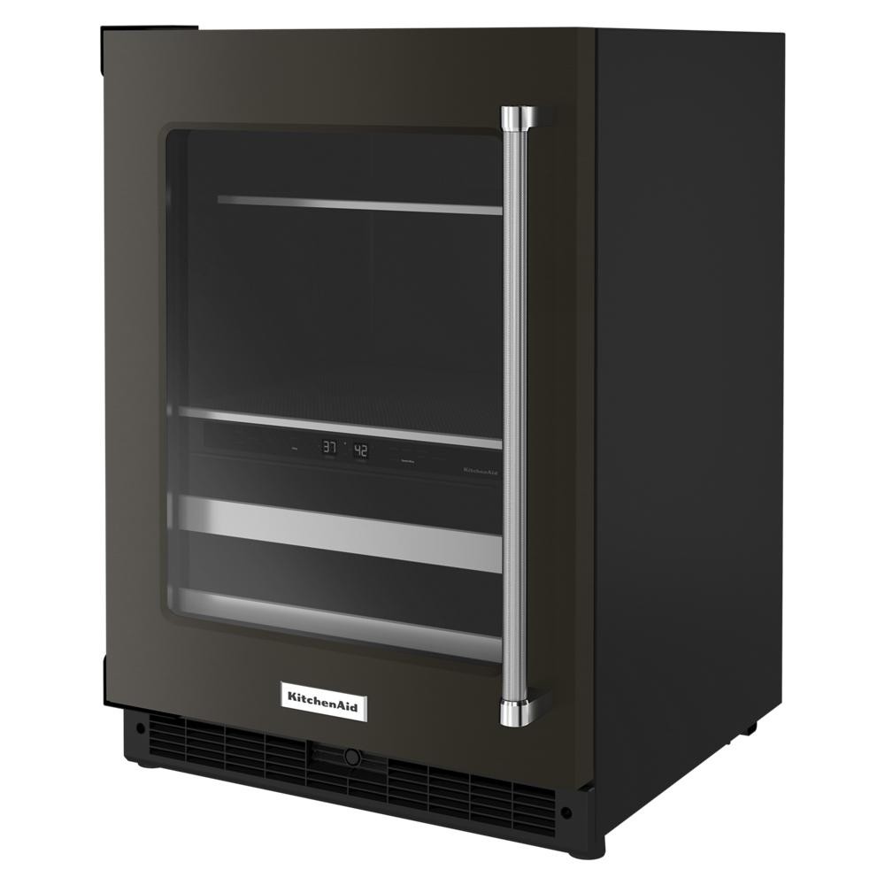 Undercounter beverage center with glass door, metal-front racks, digital temperature controls, and PrintShield™ finish