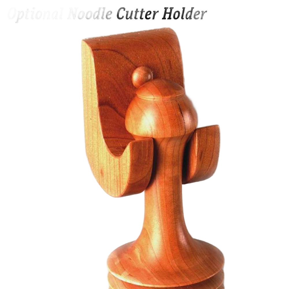 Unfinished cherry wood holder designed to securely store a noodle cutter for kitchenware collections under $50