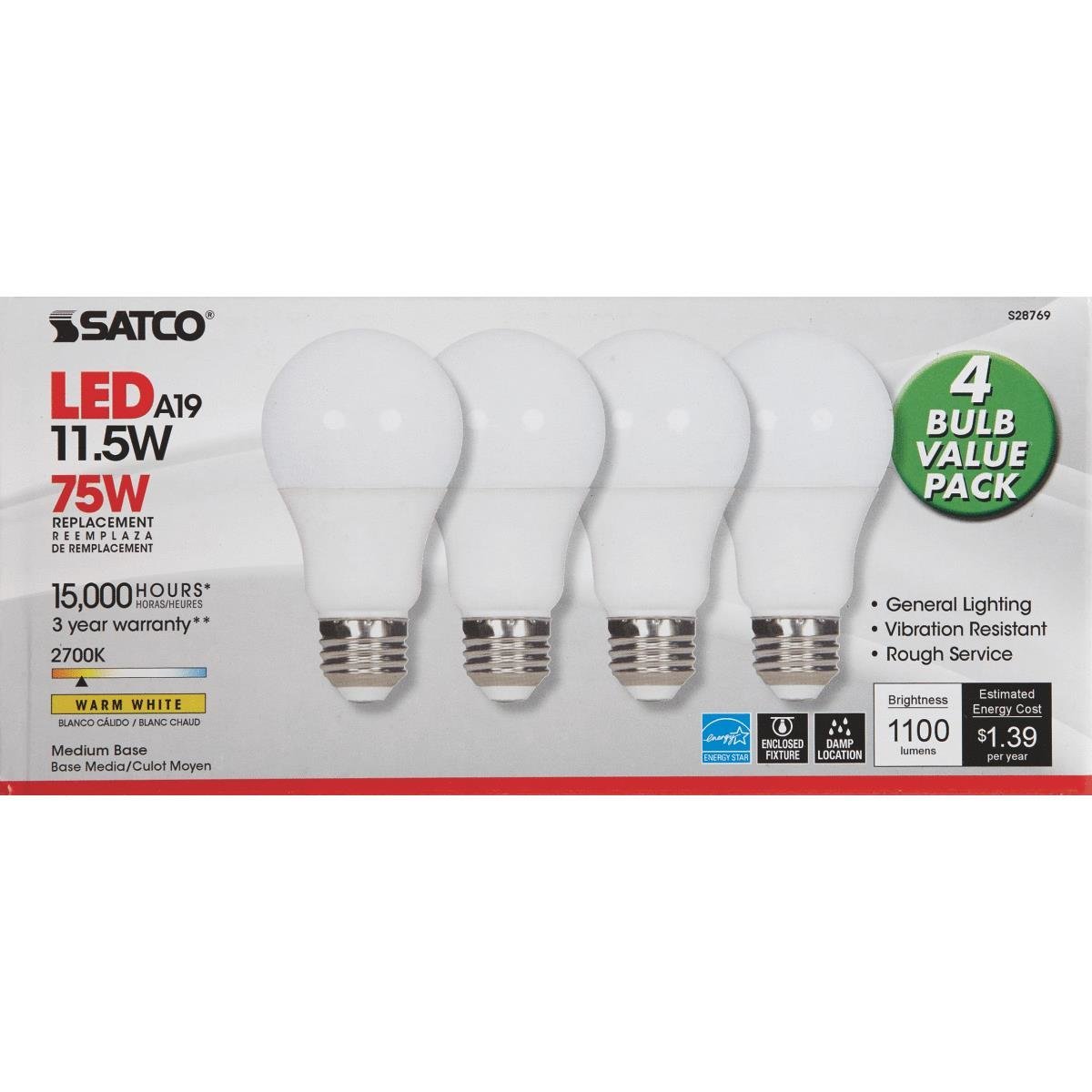 Four-pack of warm white LED A19 light bulbs with medium base for energy-efficient home lighting solutions