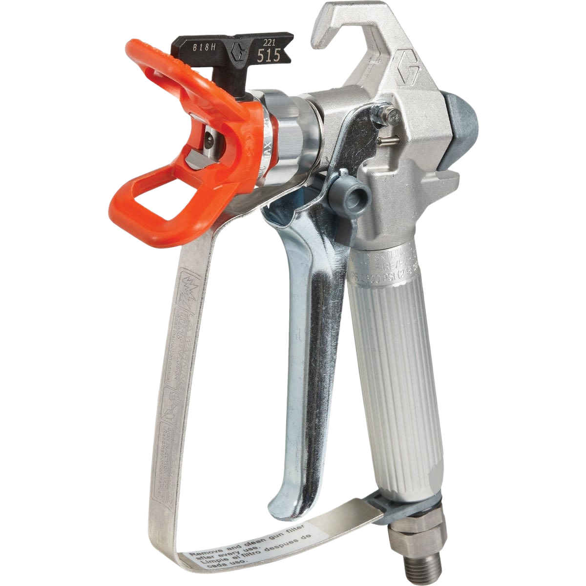 Heavy-duty metal airless spray gun with ergonomic grip and bright orange trigger for precise tool and home improvement use