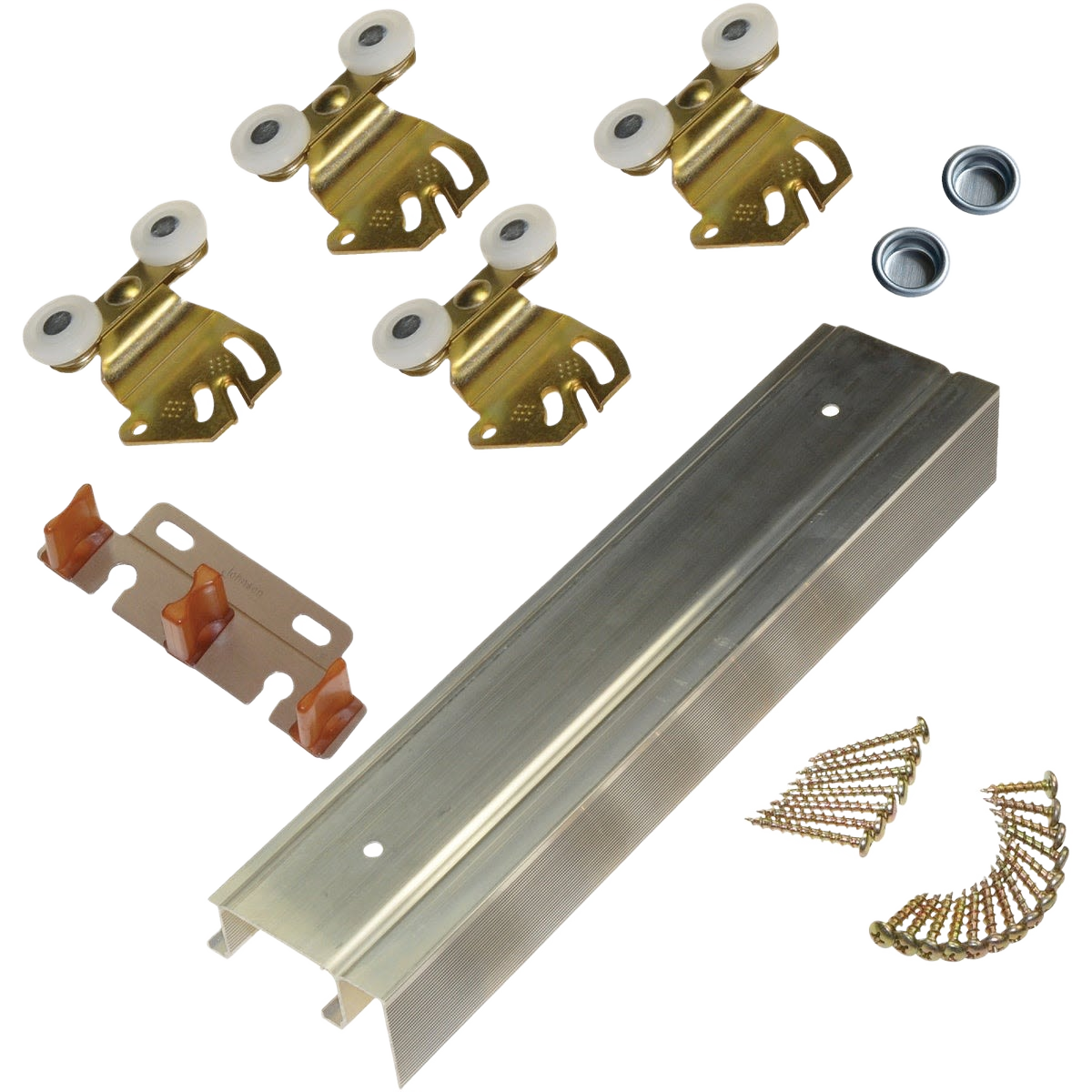Brass-finish double wheel rollers, metal fascia track, mounting screws, and door hardware components for sliding door installation