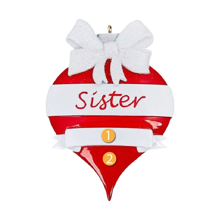 Teardrop-shaped red Christmas ornament with white bow and “Sister” lettering for Christmas Ornaments & Tree Decorations under $50 collection
