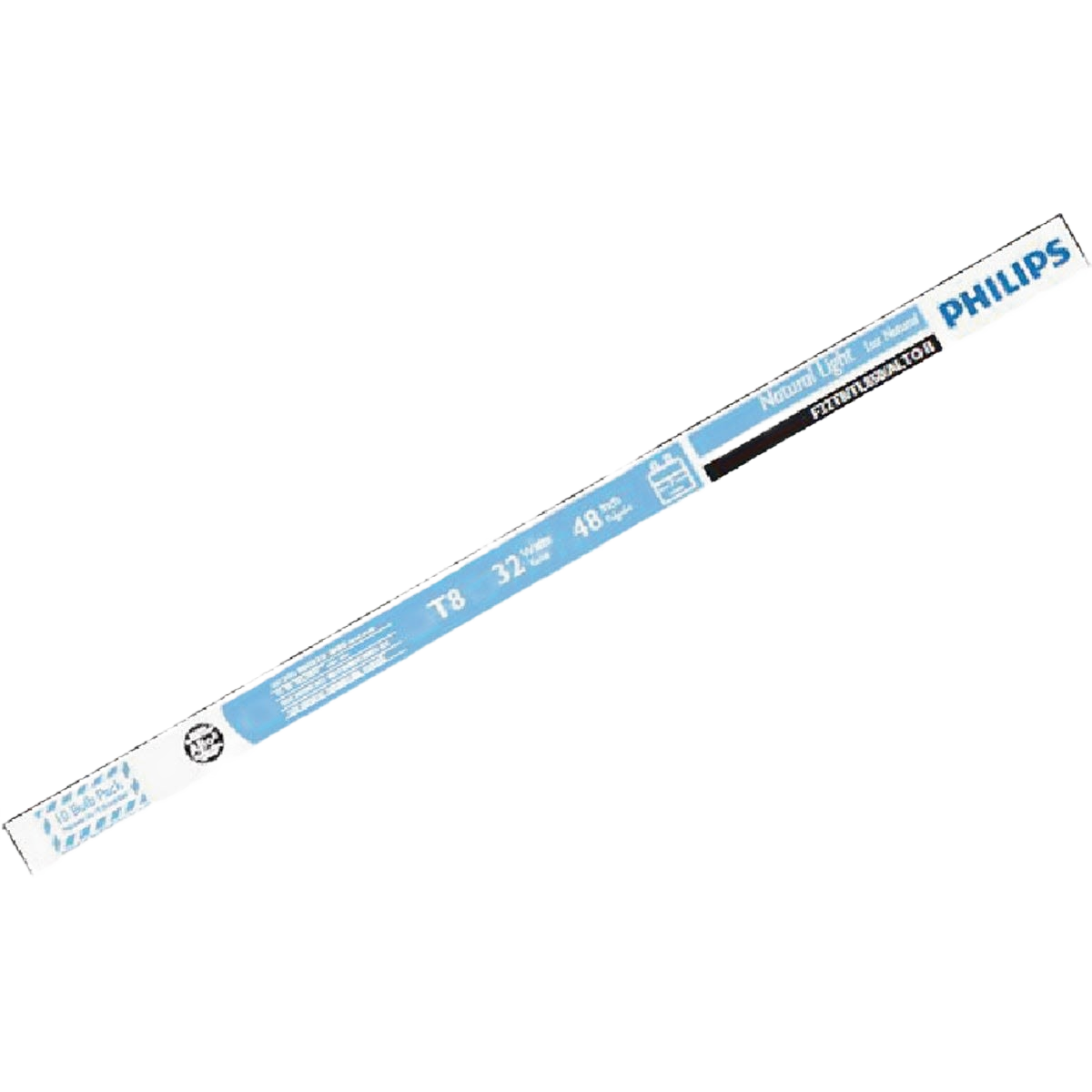 Single Philips T8 medium daylight bi-pin fluorescent tube light bulb with blue and white labeling for home improvement use