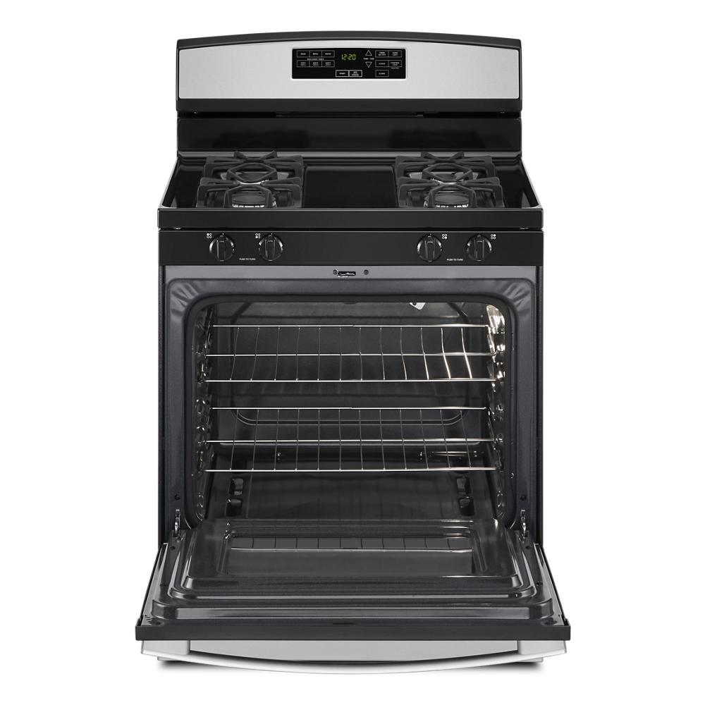 30-inch gas range with open oven door, stainless steel finish, four burners, and digital control panel in kitchen appliances collection