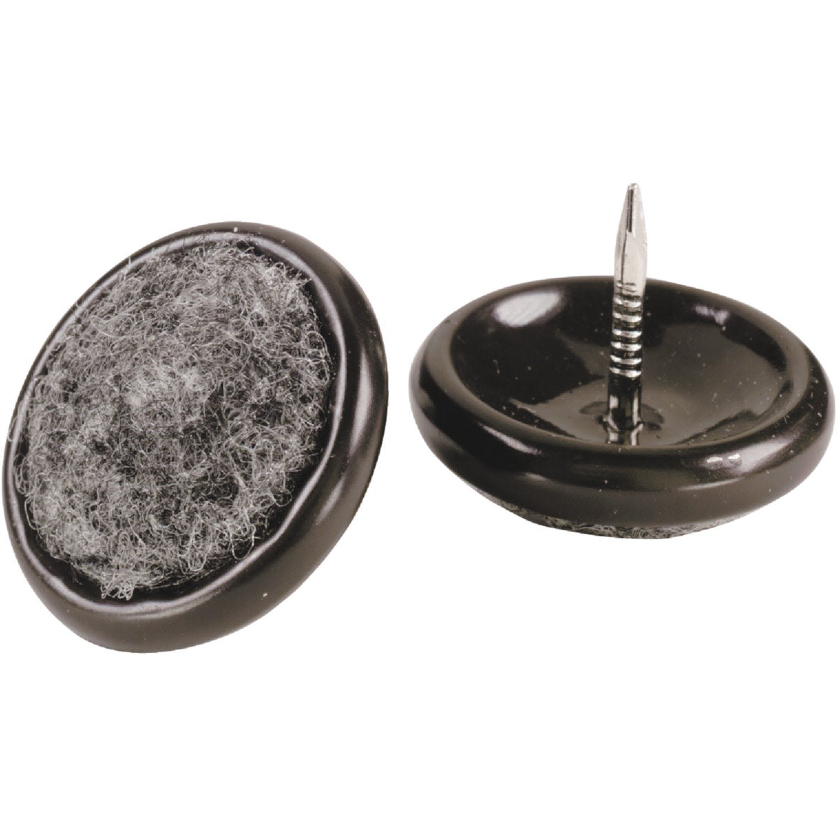 Two round black nail-on carpet base glides with felt pads and sharp nails for floor protection and furniture movement