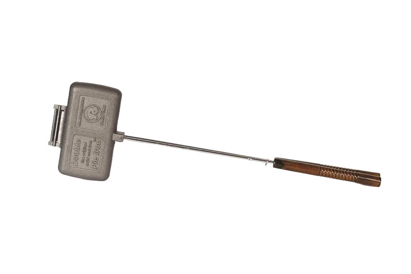Double cast iron sandwich cooker with long wooden handle, designed for grilling and outdoor cooking accessories