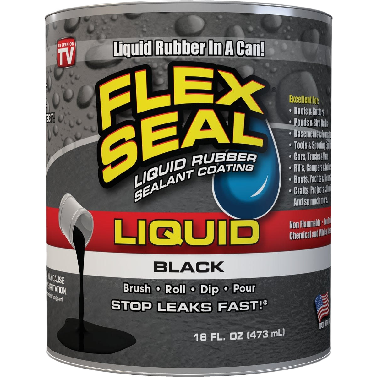 Can of black liquid rubber sealant pouring out with bold Flex Seal label for home improvement projects
