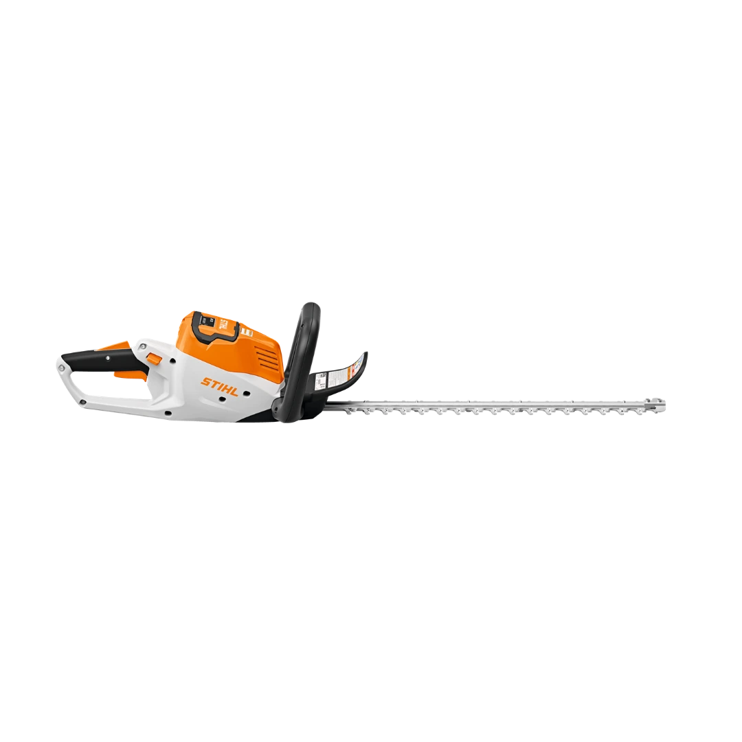 Cordless orange and white electric hedge trimmer with long blade for pruning in tools and home improvement tasks
