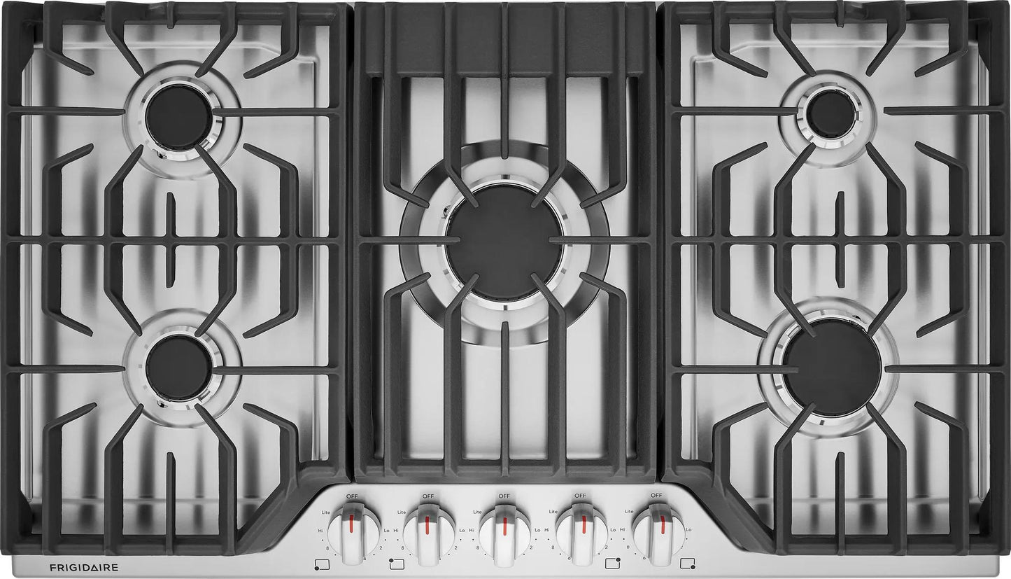 Stainless steel 36-inch gas cooktop with five burners and continuous edge-to-edge grates in modern kitchenware collection