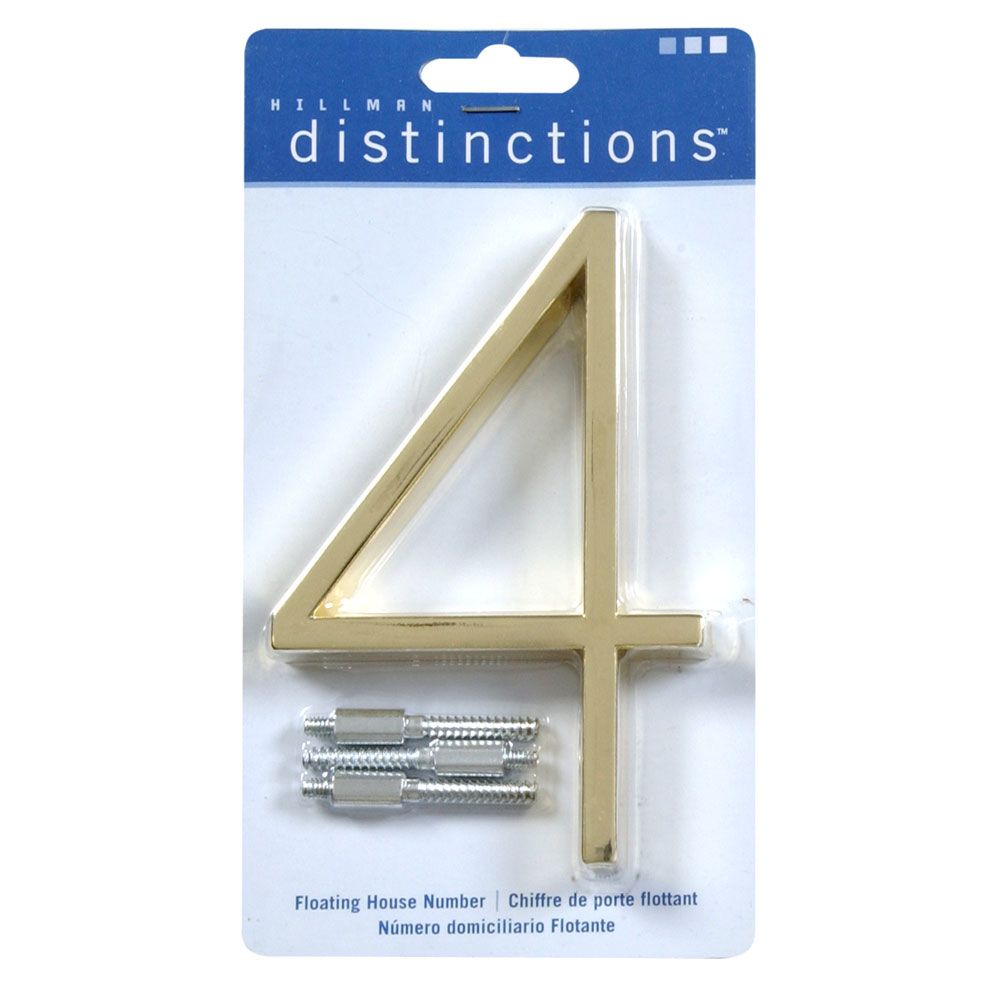 Brass floating house number 4 with mounting hardware in retail packaging for home improvement projects