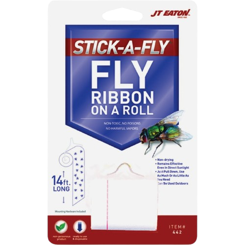 Packaging of JT Eaton Stick-A-Fly sticky ribbon roll for insect and pest control in lawn and garden use
