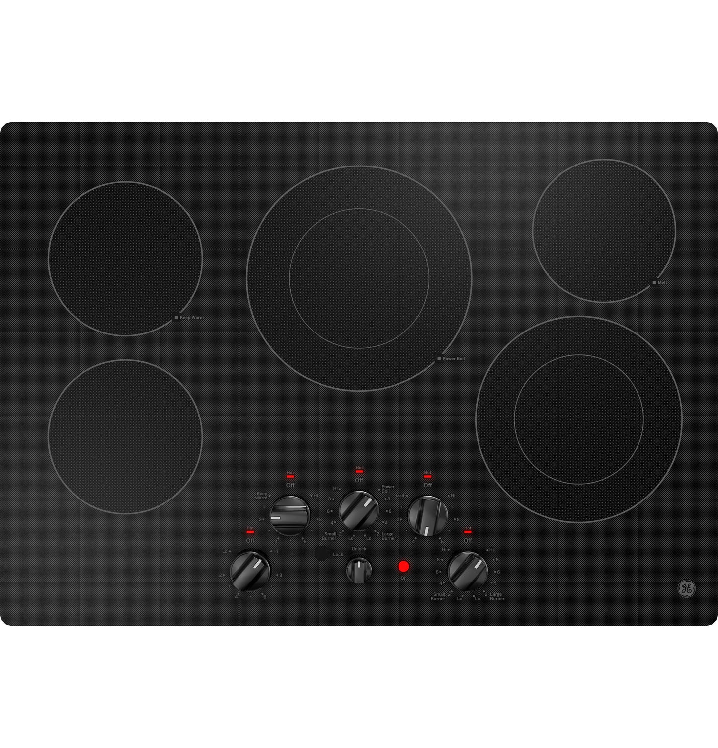 Black electric cooktop with five cooking elements and front knob controls in Cooktops and Kitchen & Kitchenware collection