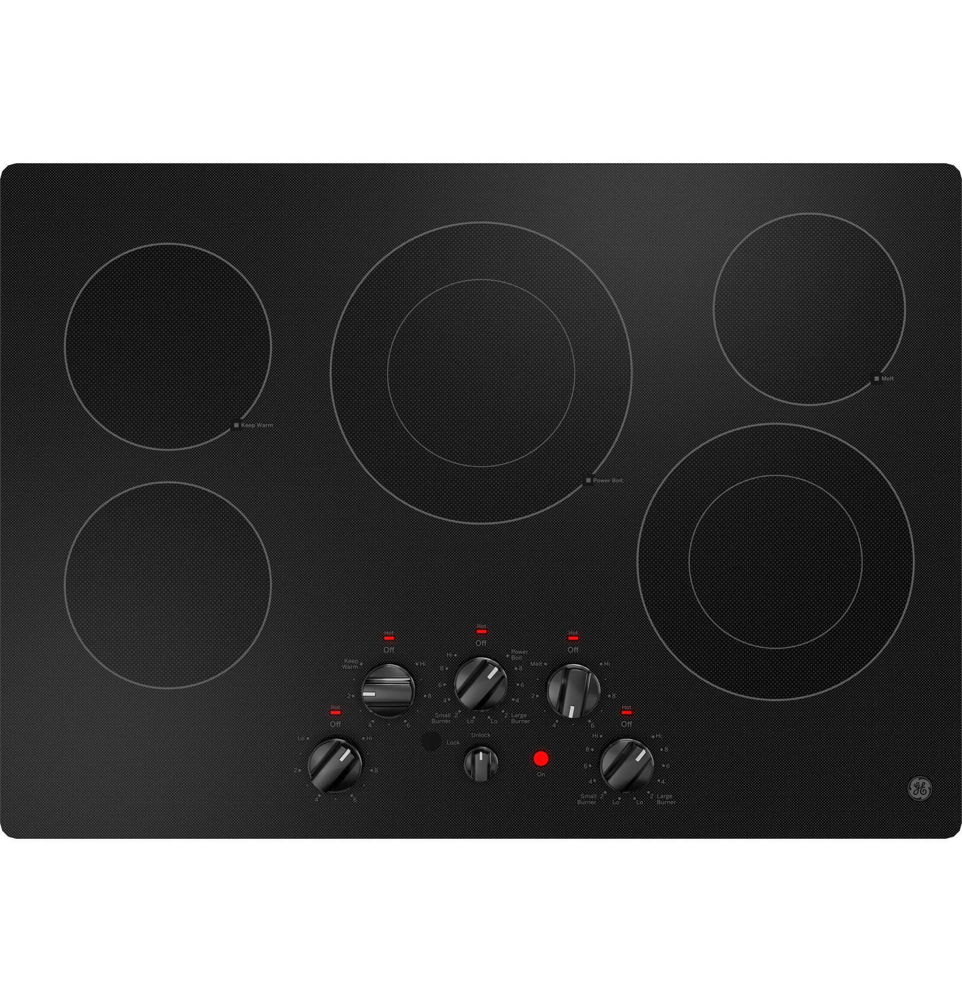 Black electric cooktop with five cooking elements and front knob controls in Cooktops and Kitchen & Kitchenware collection