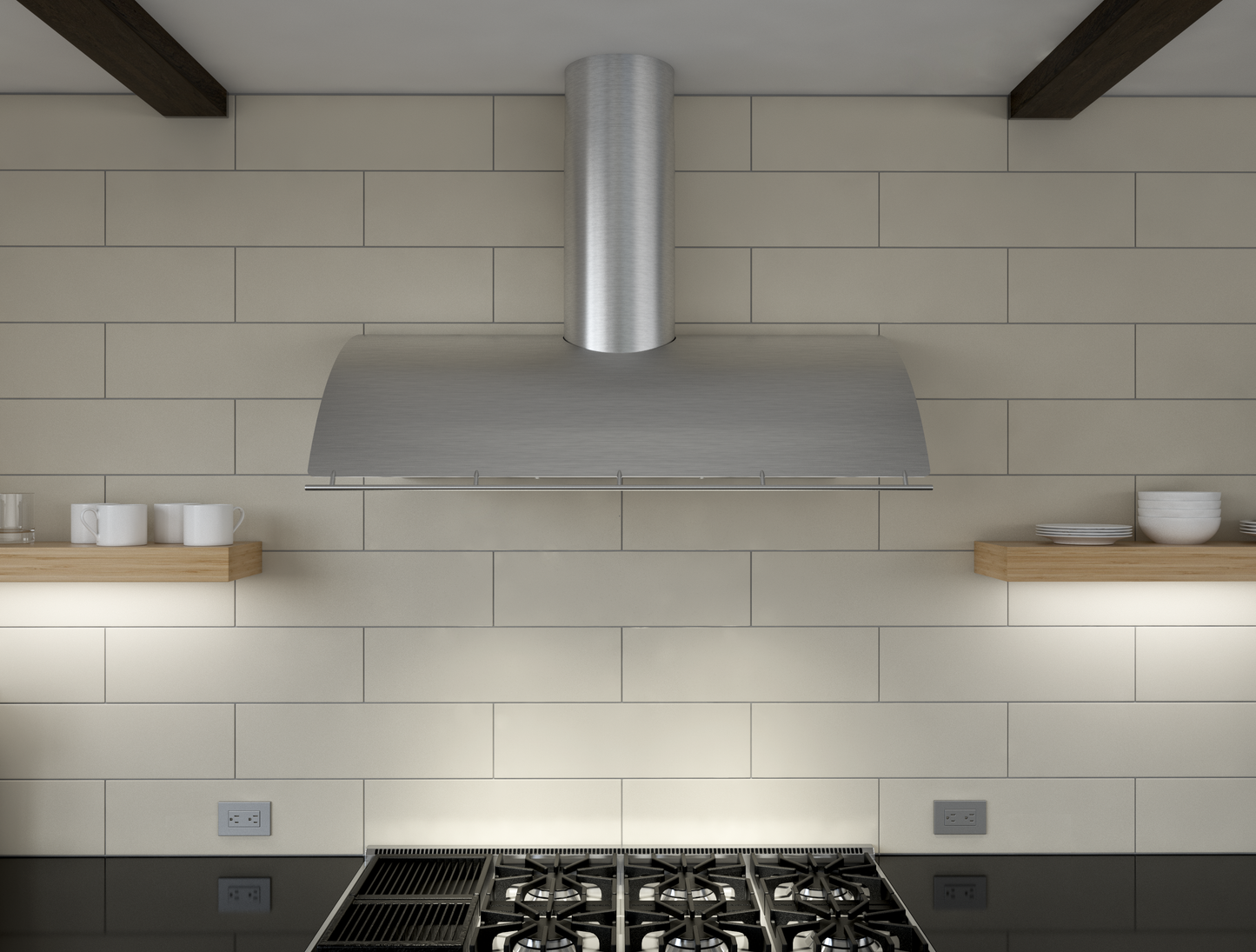 Stainless steel wall-mounted range hood with curved design and chimney vent installed above stovetop in modern kitchen setting, part of Kitchen & Kitchenware and Appliances collections.