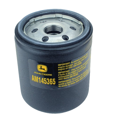 Black cylindrical oil filter with John Deere branding and model number AM145365 for motor oils and automotive use