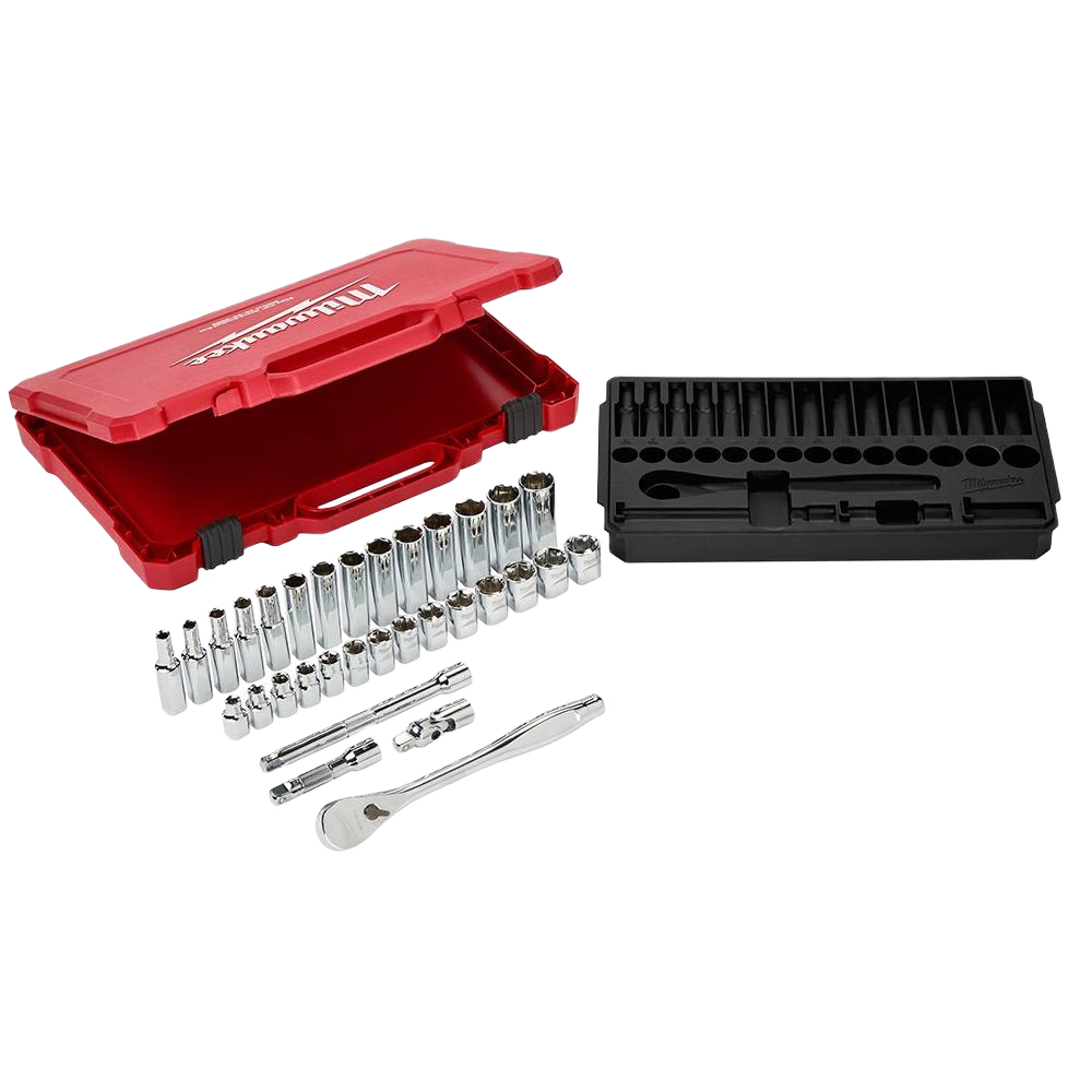 Red steel storage case with 3/8" drive metric ratchet, sockets, and removable black tray for hand tools collections