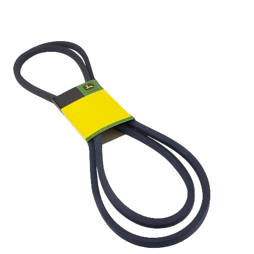 Black mower deck belt with yellow and green label for outdoor power equipment maintenance tasks