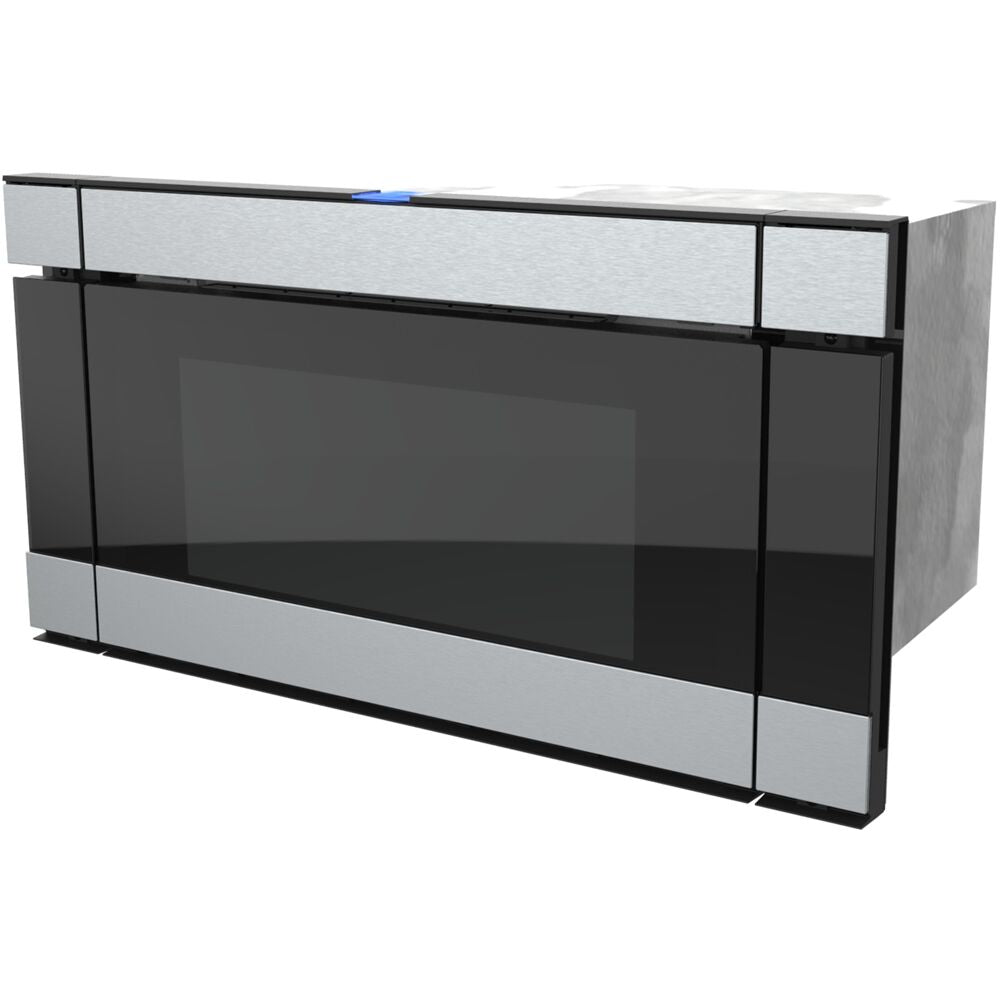 Stainless steel and black microwave drawer extension kit for seamless kitchen appliance integration in appliance collections