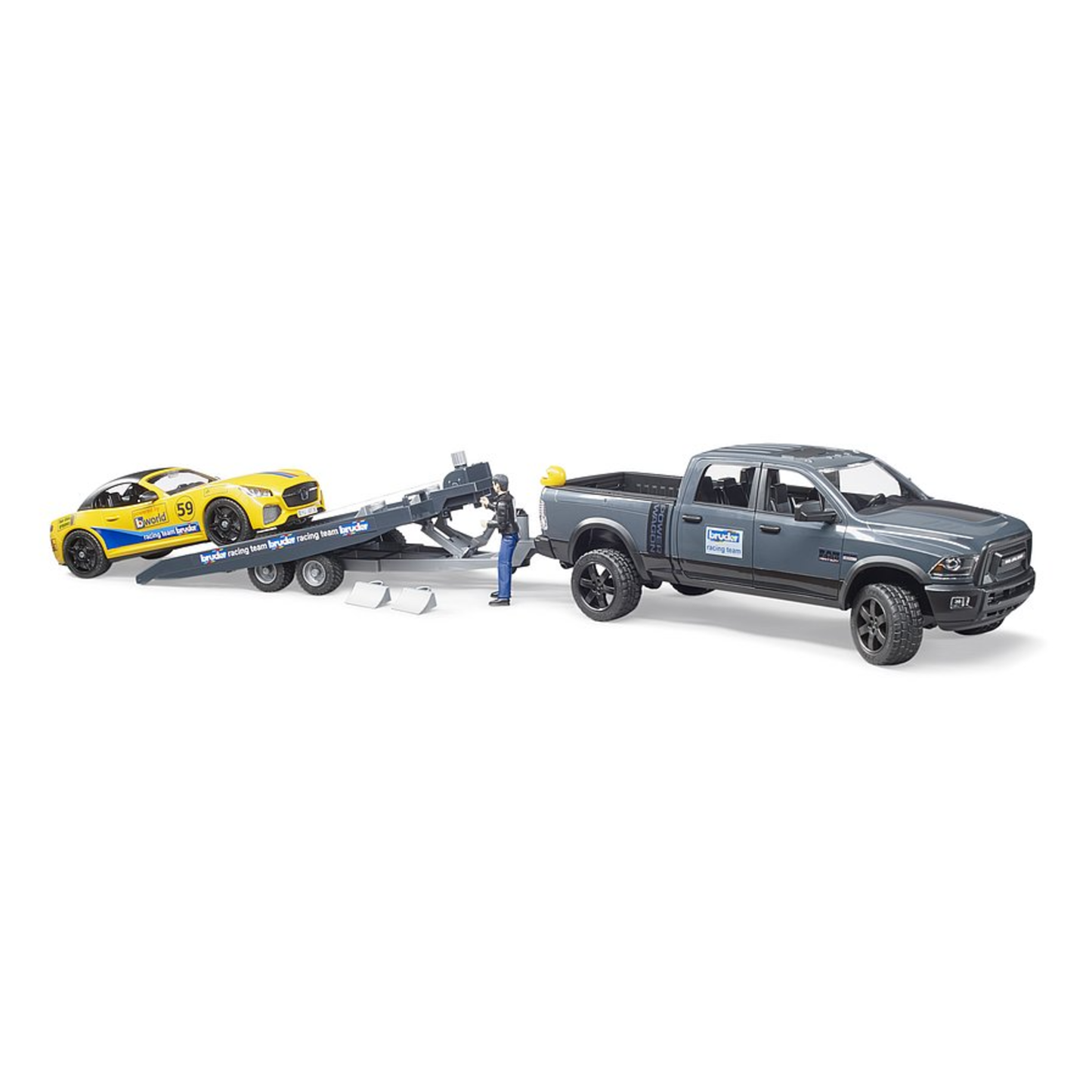 Gray toy pickup truck towing yellow Roadster Racing Team car on flatbed trailer in Vehicles & Remote Controlled Toys collection