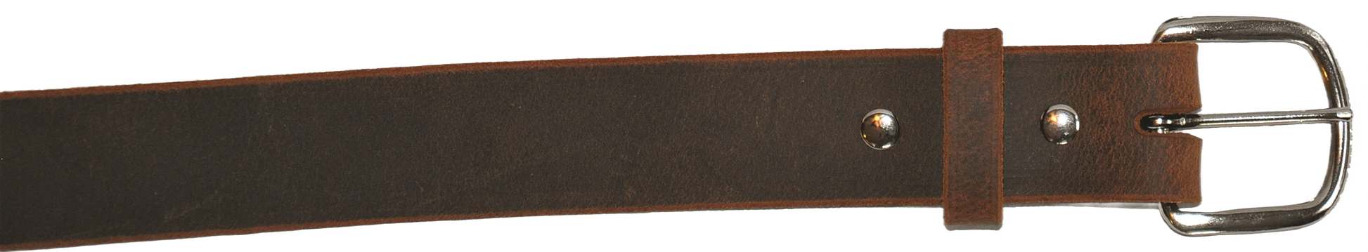 Brown distressed leather belt with stainless steel roller buckle, rugged style for accessories and casual wear