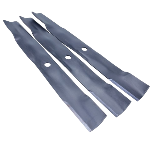 Three black steel lawn mower blades with central mounting holes for outdoor tools and home improvement tasks