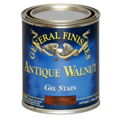 Metal can of General Finishes Antique Walnut Gel Stain for wood finishing in paints and stains collections