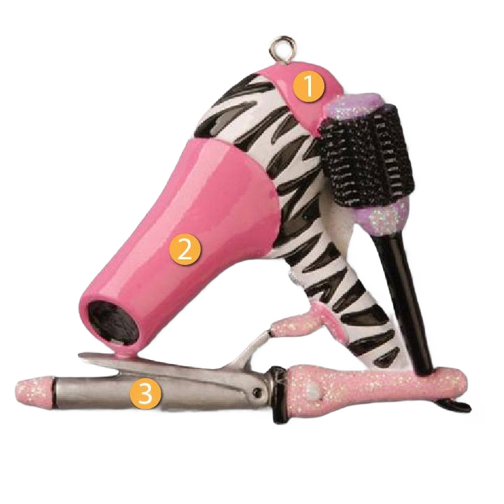 Pink and zebra-print blow-dryer and curling iron ornament with brush in Christmas Ornaments & Tree Decorations collection
