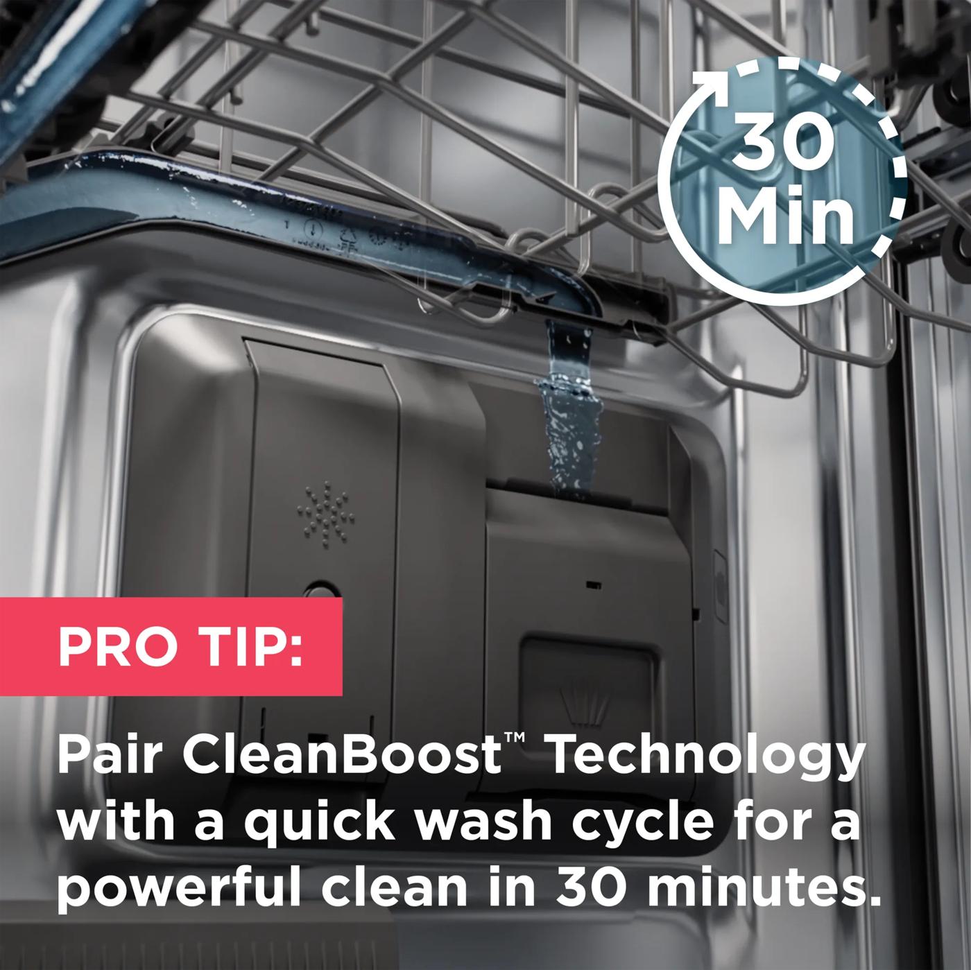 Close-up of dishwasher interior showing CleanBoost™ detergent dispenser with 30-minute quick wash cycle tip from Dishwashers collection