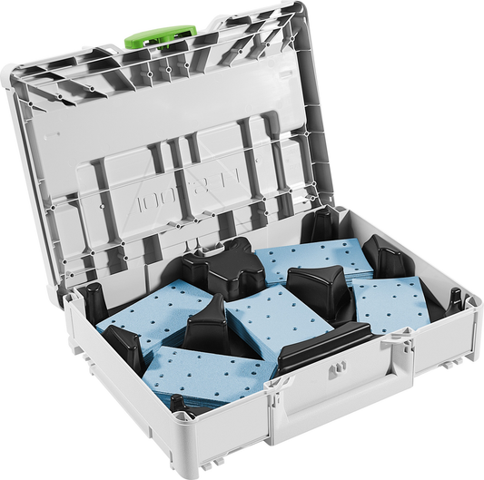 Compact gray storage case with organized blue abrasive sanding sheets for power tool accessories and sanding tasks