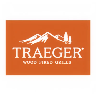 Orange rectangular logo featuring stylized white mountain peaks and pine trees above the word Traeger with the phrase wood fired grills below it.
