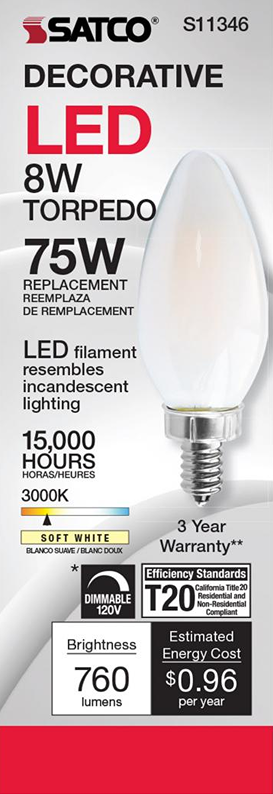 Satco decorative 8 watt LED frosted candelabra bulb with soft white light for home improvement under $50 collections
