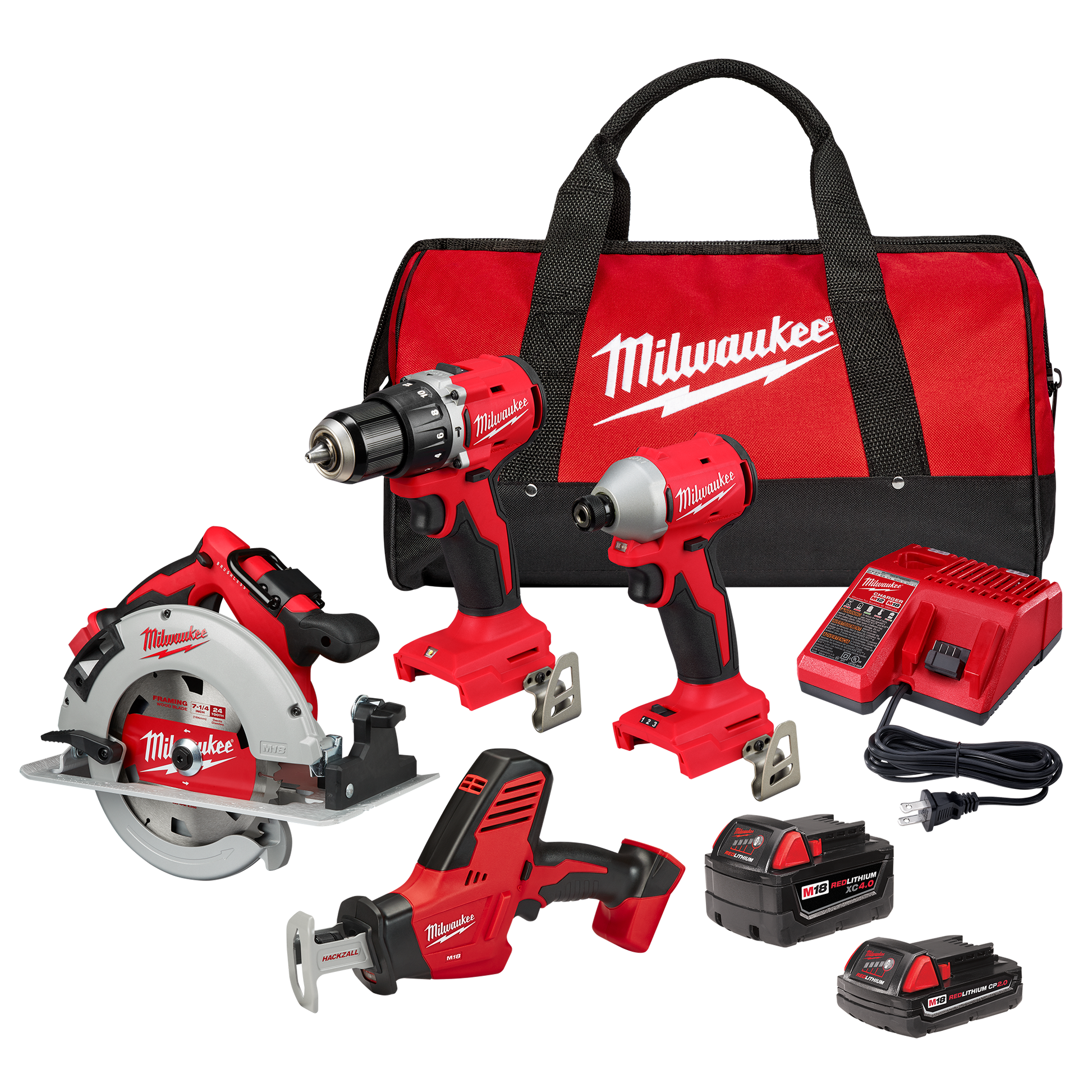Red and black cordless power tool combo kit with drill, saw, impact driver, batteries, charger, and carrying bag for home improvement