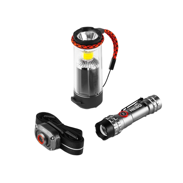 Compact silver flashlight, black headlamp with strap, and portable LED lantern with orange handle for woodworking tools and home improvement
