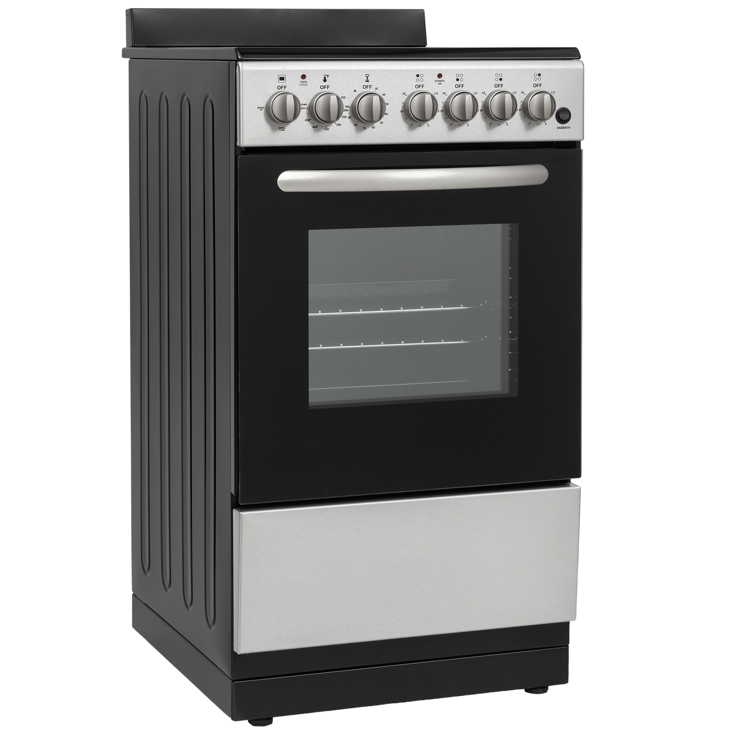20-inch electric range with stainless steel control panel, black oven door, and dual oven racks, part of kitchen appliances collection