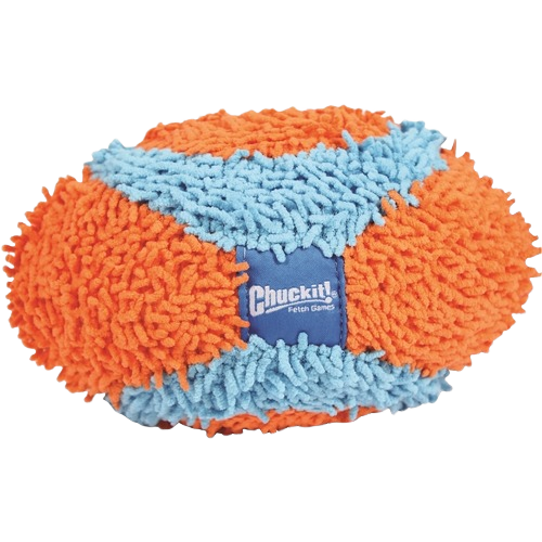 Plush orange and blue indoor dog toy with textured surface designed for interactive fetch and play sessions