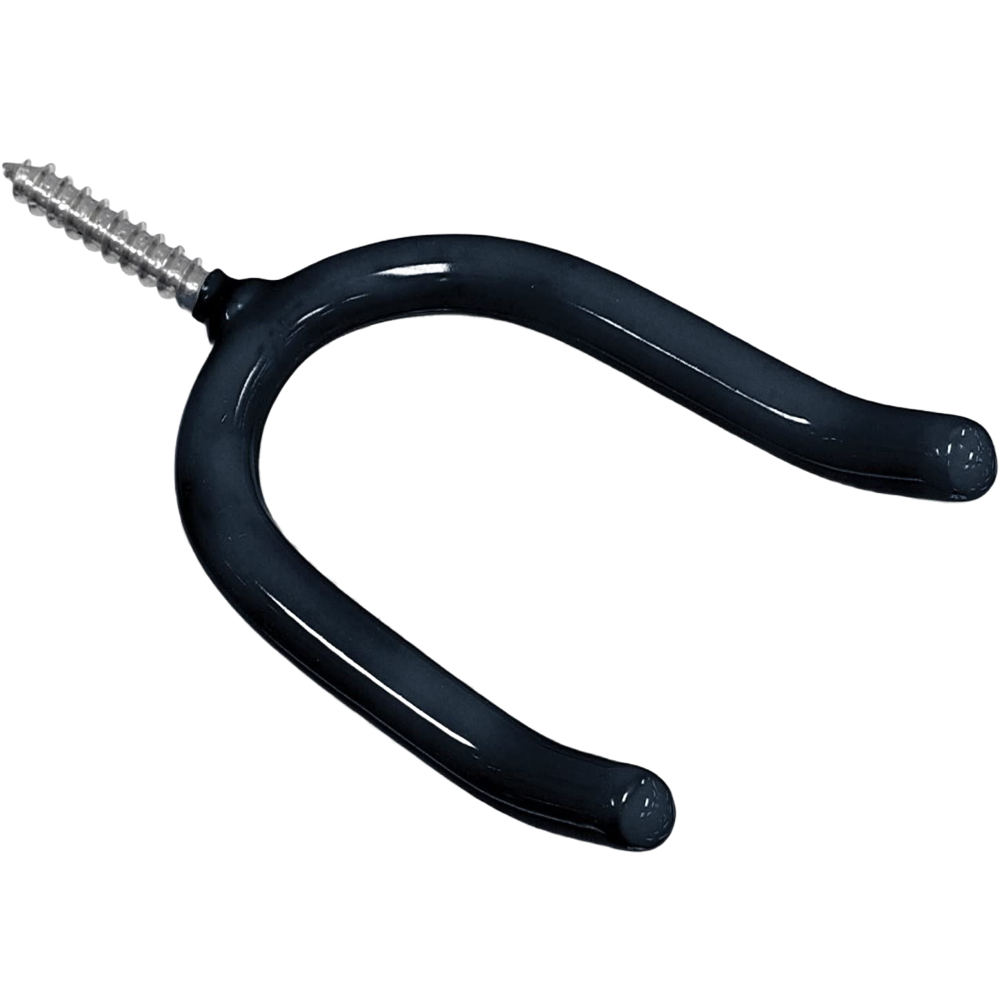 Black vinyl coated screw hook with threaded metal end for organizing tools in hardware and storage collections