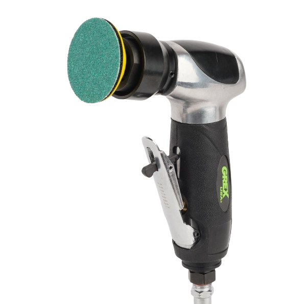 Compact air-powered 105-degree angle random orbital sander with ergonomic grip for precision tool use in home improvement tasks