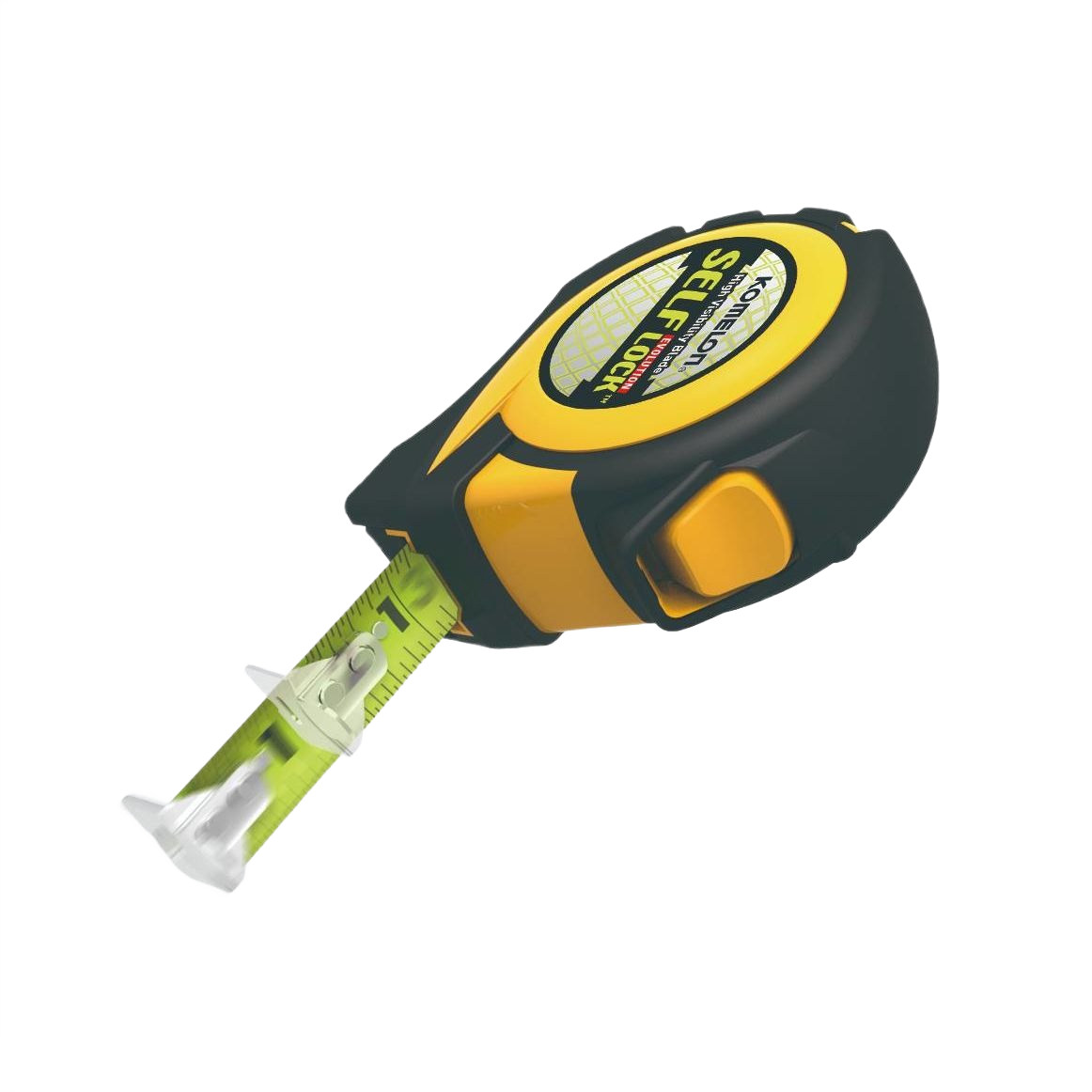 Compact black and yellow tape measure with self-locking feature and bright yellow nylon-coated blade for hand tools collections