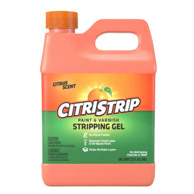 Orange plastic container of paint and varnish stripping gel with citrus scent for home improvement and paint supplies.