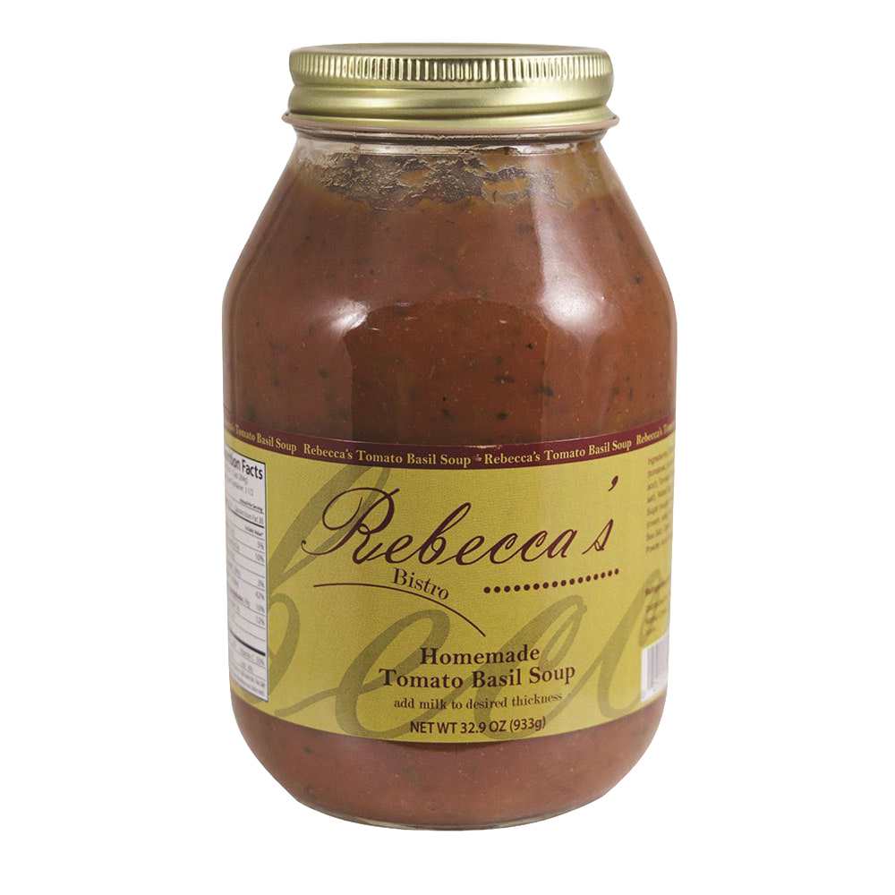 Glass jar of homemade tomato basil soup with gold lid, part of Food & Beverage and Under $50 collections