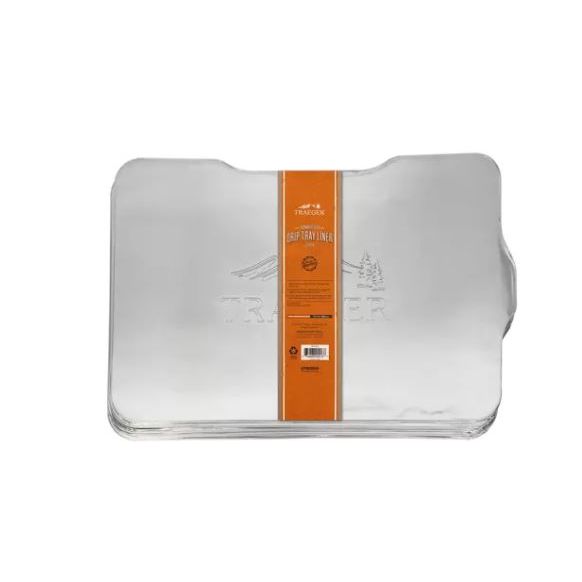 Stack of aluminum drip tray liners with packaging strip, designed for grill accessories and outdoor living use