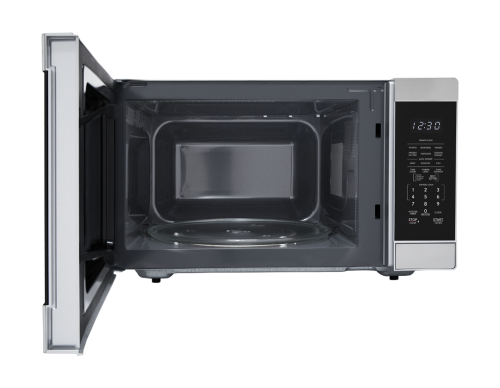 Open stainless steel microwave oven with digital control panel and LED clock in kitchen appliances collection