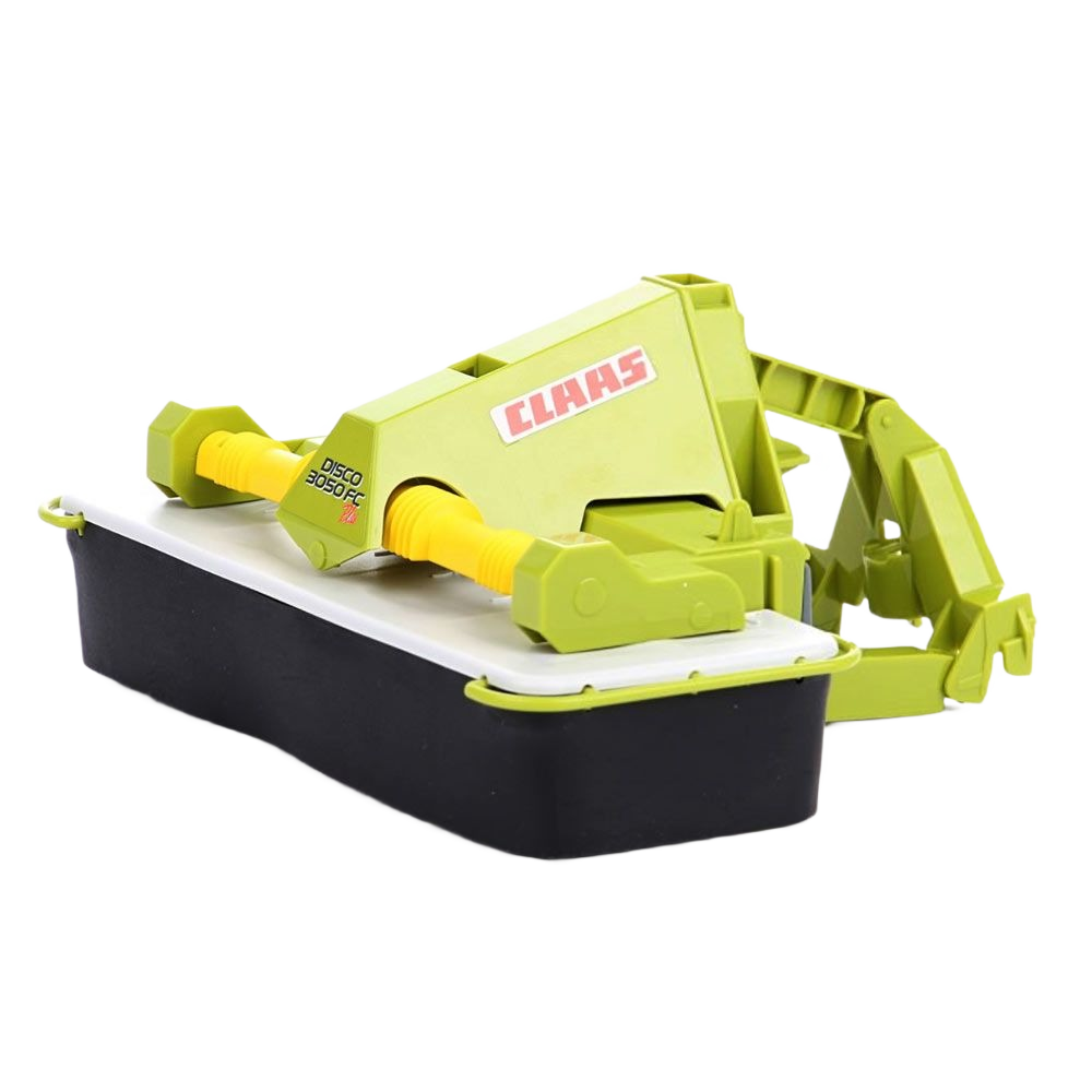 Green and yellow front disc mower attachment for agricultural vehicle with detailed mechanical components visible