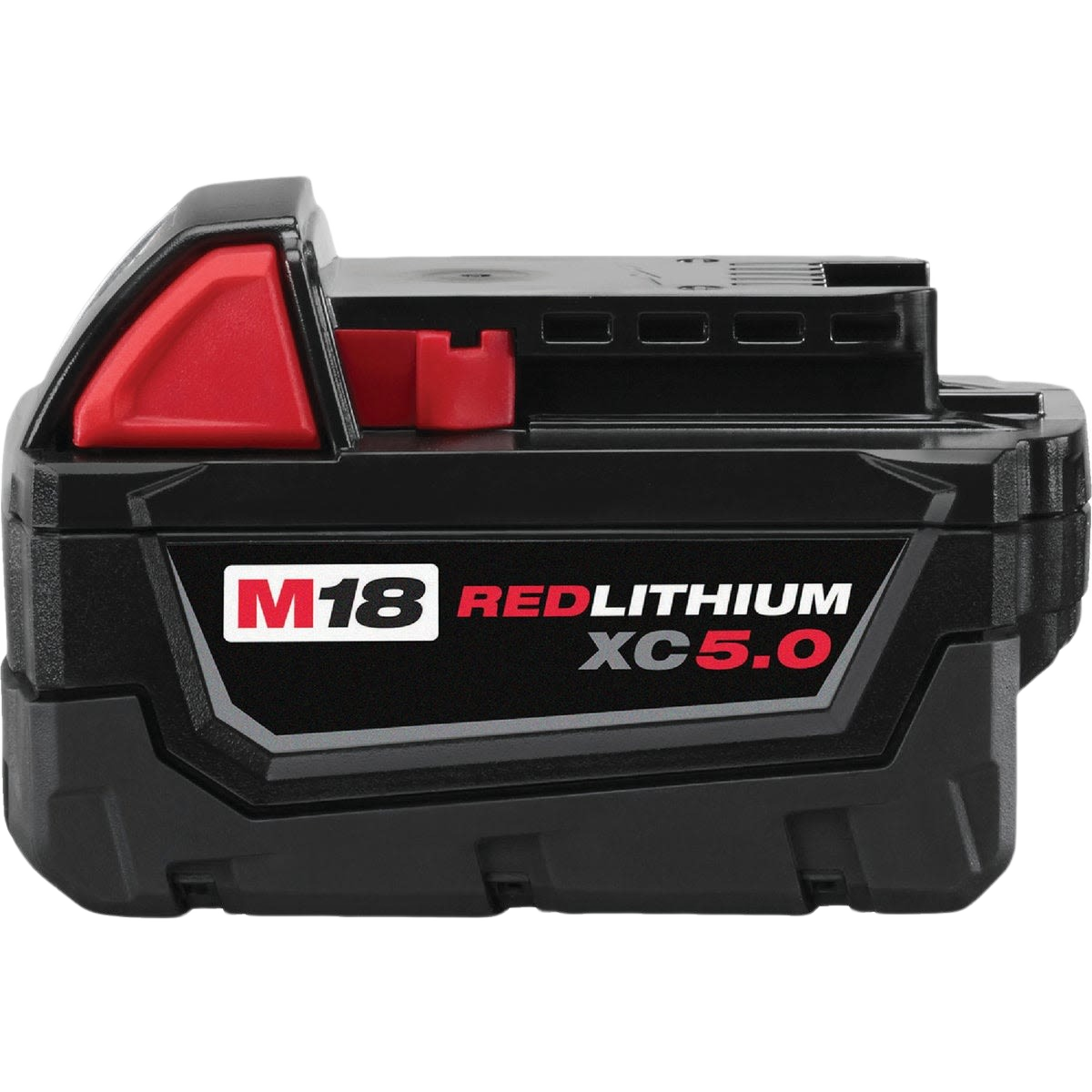 Black and red extended capacity power tool battery for home improvement and cordless tool use