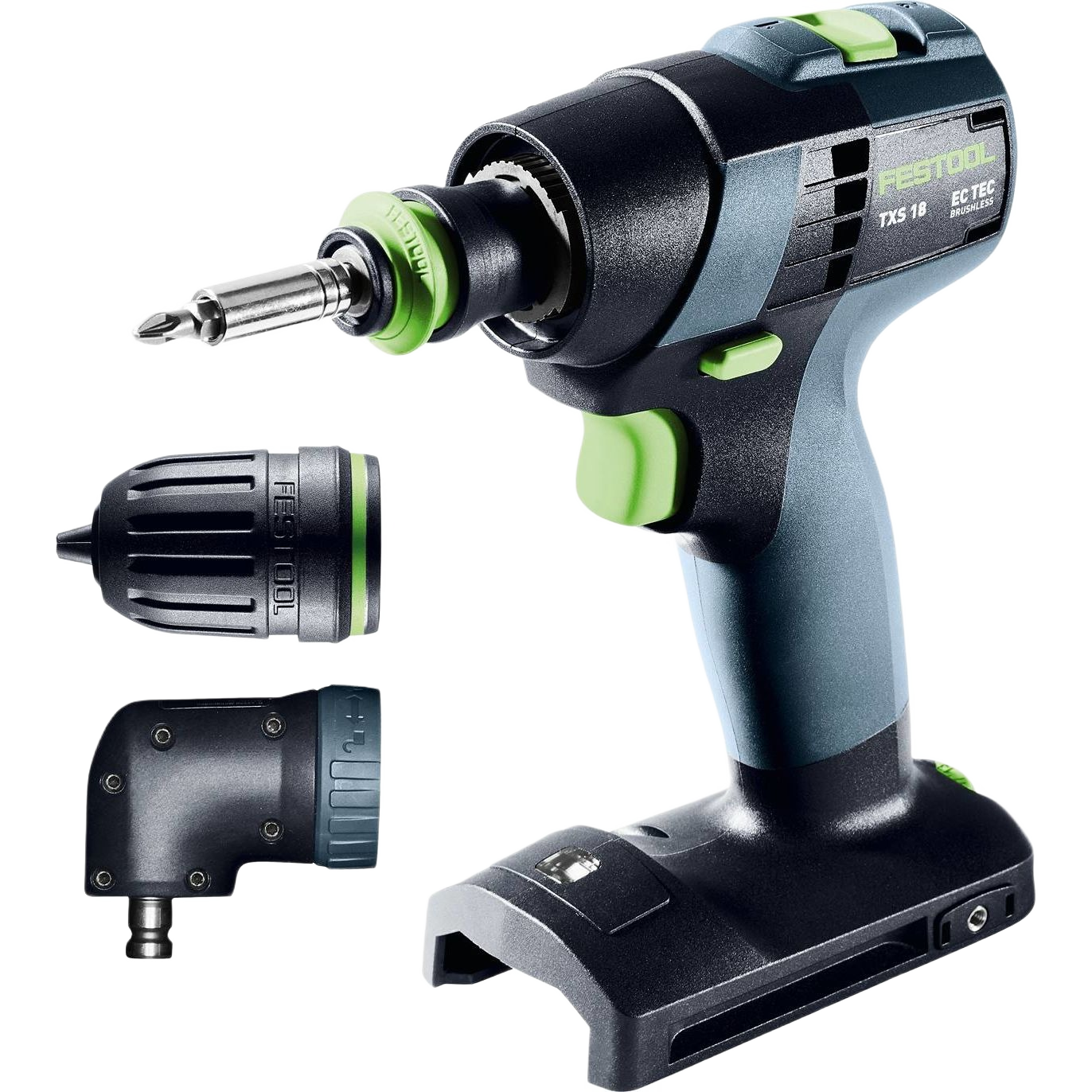Cordless drill with ergonomic grip, quick-change system, and angled adapter for versatile home improvement tasks