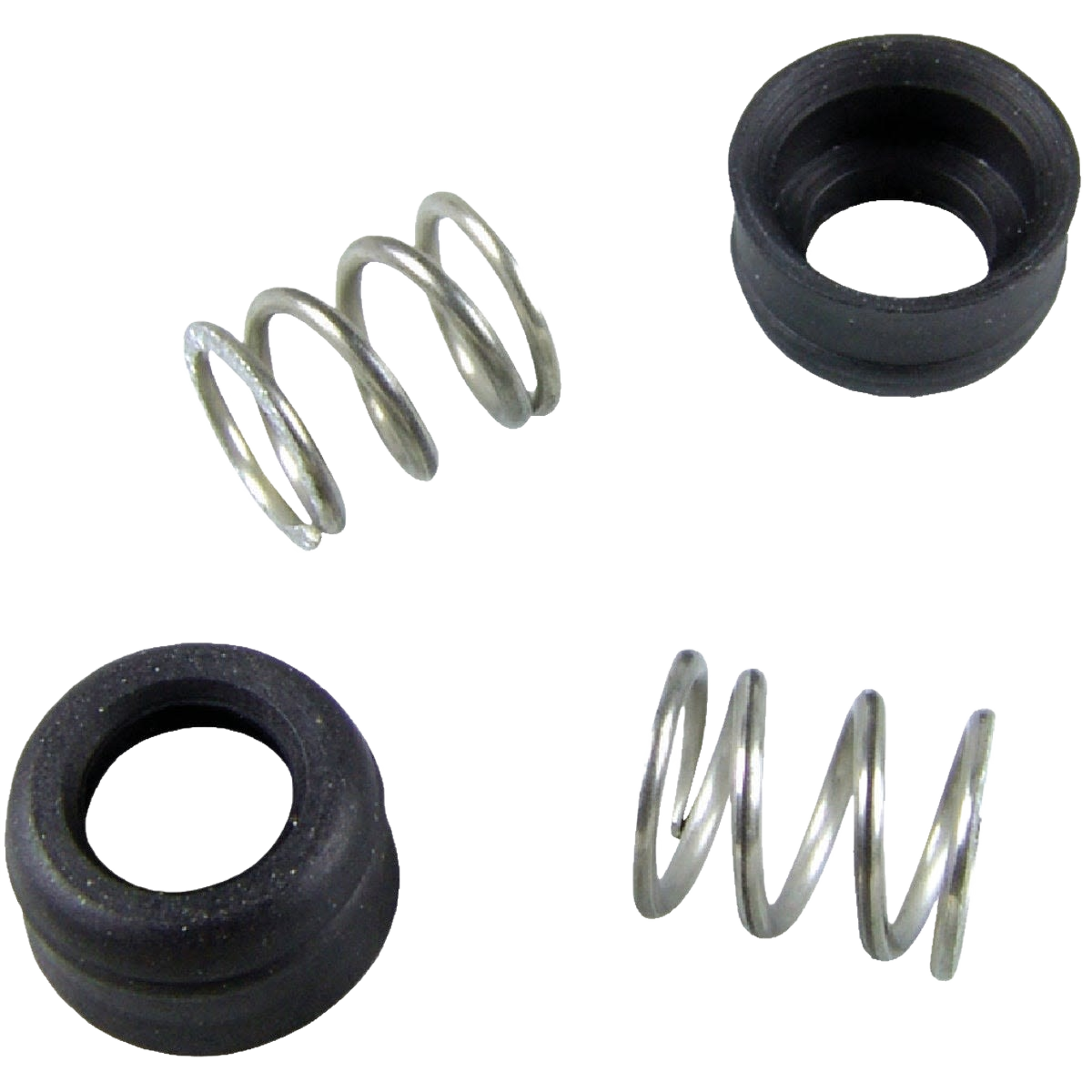 Two metal springs and two black rubber faucet seats for plumbing repair under $50 home improvement tools