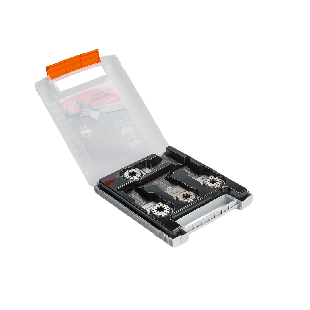 Clear plastic case with six precision plunge cut saw blades compatible with multitools, part of woodworking tool accessories at Hartville Hardware.