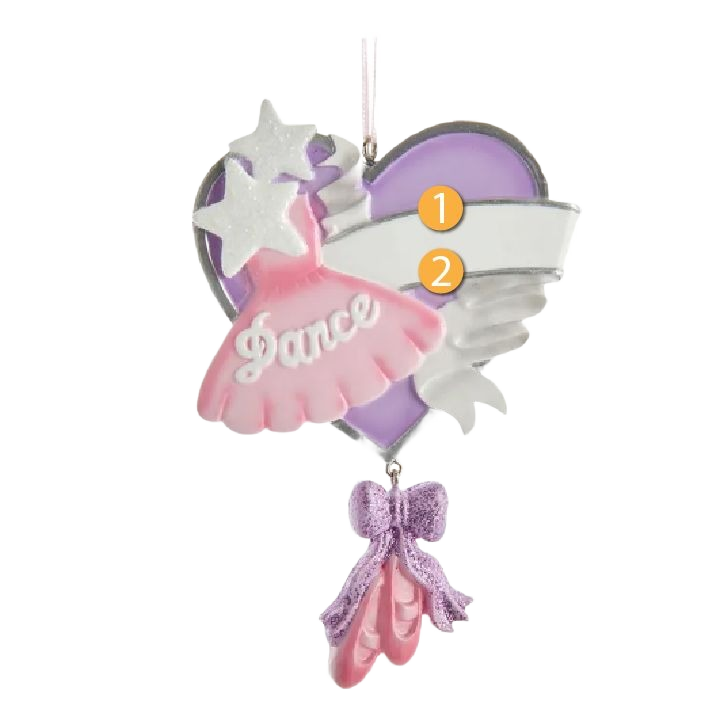 Personalized purple heart ornament with pink ballet tutu, stars, and ballet slippers for Christmas décor under $50 collections