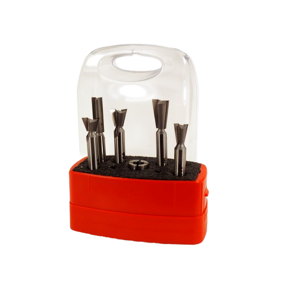 Set of carbide-tipped dovetail drill bits with 8mm shanks in red case for precision woodworking tools collection