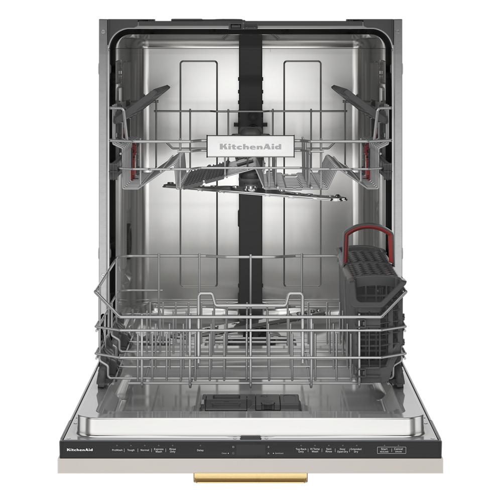 Interior view of a stainless steel panel-ready dishwasher with two adjustable racks and utensil basket in kitchen appliances category